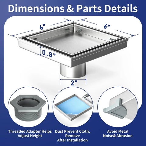 Dimensions of Kickass Square Shower Drain Six Inch 304 Stainless Steel Floor Grate with parts details showing size and fittings.