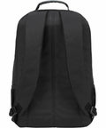 Back view of Hustle Hard Laptop Backpack For Up To 17 Inch Machines, Water Repellent Travel Daypack, slick black color.