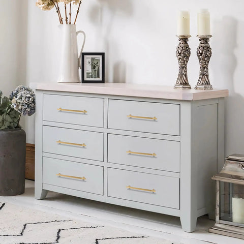 Top Tier Solid Brass Cabinet Pulls Brushed Matte Gold Furniture Hardware Seven And A Half Inch Long Drawer Knobs on grey dresser.