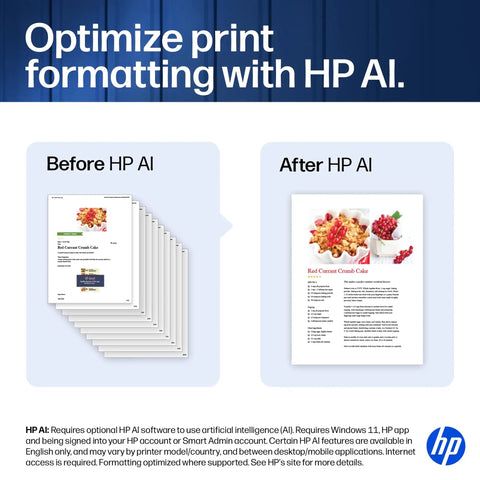 Comparison of document formatting before and after using HP AI, showing improved print layout quality.