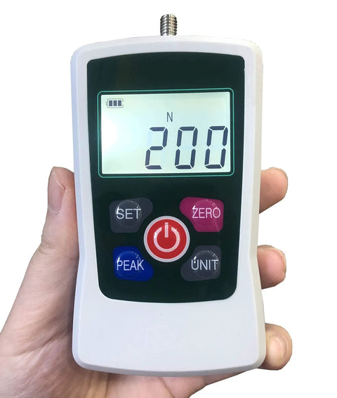 Heavy Duty Digital Force Gauge High Precision Push Pull Tester No Sweat 200N Dynamometer With Slick 0.1N Display in hand.