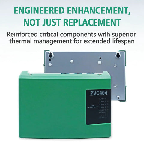 Upgraded 4 Zone Valve Control Board For Hydronic Heating Systems ZVC404-4 with durable green casing and clear labeling.