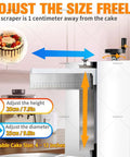 Adjustable features of Powerful Cake Icing Smoothing Machine for Even Buttercream, 4-12 inch diameter and height scale shown
