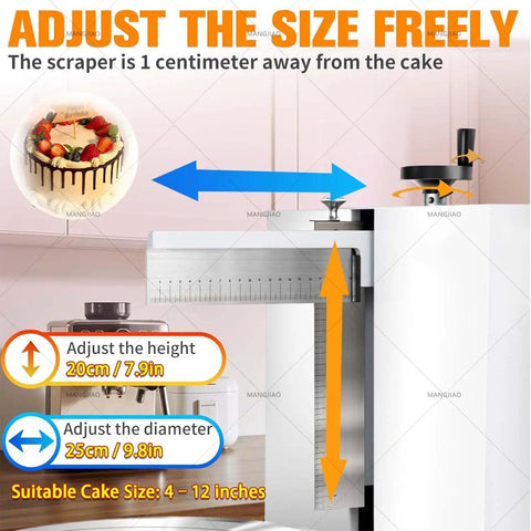 Adjustable features of Powerful Cake Icing Smoothing Machine for Even Buttercream, 4-12 inch diameter and height scale shown