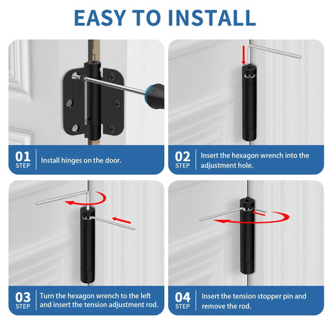 Image demonstrating easy installation steps of Heavy Duty 3.5 Inch Self Closing Door Hinges Spring Loaded for interior doors.