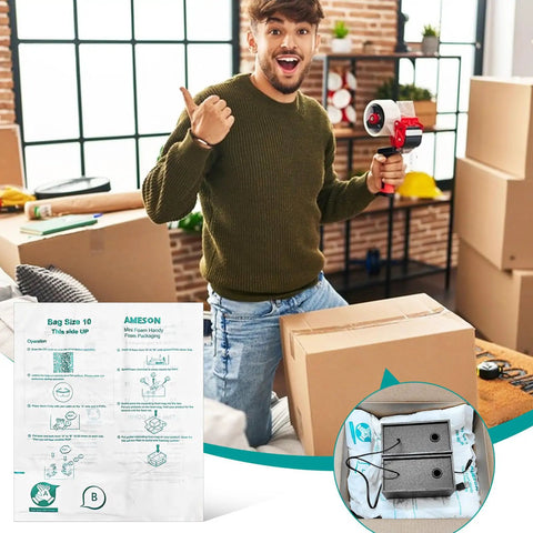 Man holding packaging tape with Quick Expand Foam Bags in use for shipping and protecting fragile goods.