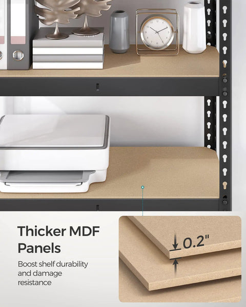 Rock Solid Steel Shelving Rack Set Of Two With Five Adjustable Levels Zero Fuss Boltless Setup Holds Heavy Loads Up To 462 Pounds Per Tier showing thicker MDF panels on a shelf.
