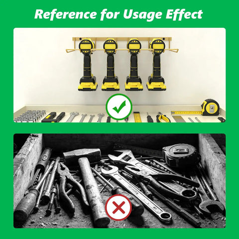 Image comparing organized tools on a Two Pack Power Tool Organizer Wall Mount, Heavy Duty Metal Shelf For Four Cordless Tools, Drill Shelf Holder, Garage Storage Shelves, Tool Rack For Workshop, Garage, And Tool Room, Rustproof, 50 Lb Capacity with a disorganized tool setup.