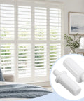 100 Count White Spring Loaded Shutter Pins Quick Snap Hardware For Plantation Window Shades shown next to window blinds in a modern home.