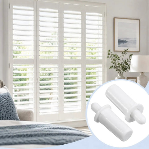 100 Count White Spring Loaded Shutter Pins Quick Snap Hardware For Plantation Window Shades shown next to window blinds in a modern home.
