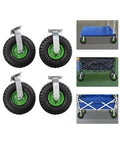 Heavy Duty 10 Inch Pneumatic Caster Set Four Piece Swivel And Rigid Wheels Ball Bearing Axles close-up view and applications for dollies.