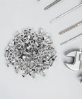 Stainless Steel Flat Head Knurled Rivet Nuts Kit 1/4-20 Thread Rivet Nut Inserts, 120 Pcs with tools on a workbench
