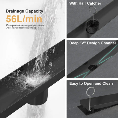 24 Inch Linear Shower Drain Tile in Grate Matte Black Floor Drain Kit No Flange showing V-shaped channel design and hair catcher.