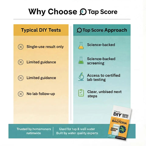 Infographic comparing typical DIY water tests versus Tap Score approach for bacteria testing.