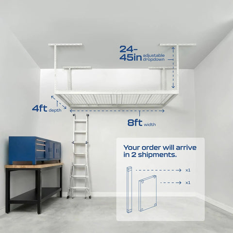 Kick Floor Space Back With This Tough As Nails 4X8 Ceiling Mounted Garage Storage Rack with adjustable 24-45 inch height.