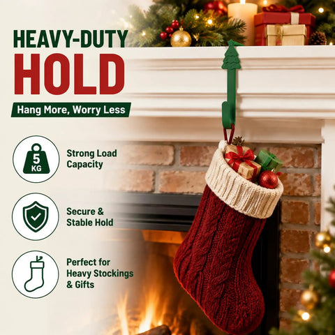 Heavy Duty Christmas Adhesive Wall Hooks For Stockings And Garland Damage Free Clear Sticky Holders With Chill Out Setup For Sweet Grip Mantel Holiday Decoration displayed holding a red stocking with gifts.