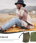 Person sitting with a blanket; inset of green Emergency Blanket Set with carry bag for outdoor warmth and survival.