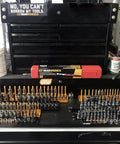 Three Piece Drive Socket Rack Set with Vertical Storage for One Quarter, Three Eighths and One Half Inch Metric Sockets displayed on tool chest