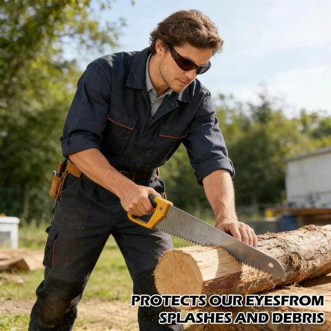 Badass Bulk Safety Glasses In A Massive 150 Pack Featuring Clear And Gray Lenses For Construction Lab Or Work Projects Lightweight Protective Eyewear shown on a worker using a saw outdoors.
