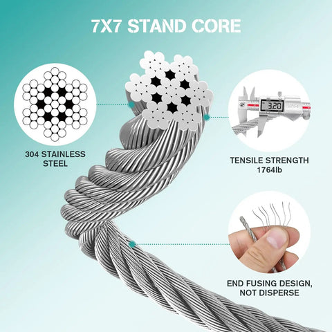 Wire rope detail from Shade Sail Hardware Kit 52 Piece Set For Outdoor Canopies And Patios Premium 304 Stainless Steel Accessories.