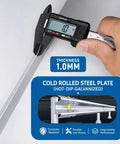 Digital caliper measuring 1.0mm thickness of a galvanized cold rolled steel plate for EV charger cover construction.