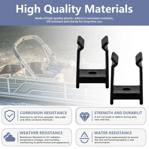 Anti-Rattle Pontoon Bimini Clips For Square Tube Frames That Keep Your Top From Shaking On Windy Rides, Marine Grade Bimini Top Hardware, 1-1/4 Inch Square Tube Brackets, Black. Sturdy black plastic clips shown near a pontoon boat, illustrating durability and resistance features.