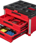 Packout Compatible 3 Drawer Tool Box With Lockable Security Bar 50 Lbs Capacity Red And Black Durable Tool Chest Interior Organizer Tray