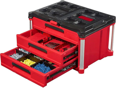 Packout Compatible 3 Drawer Tool Box With Lockable Security Bar 50 Lbs Capacity Red And Black Durable Tool Chest Interior Organizer Tray