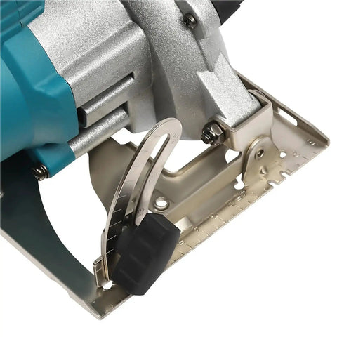 Close-up of the base and adjustment lever of Forget The Cords Grab This 5 Inch Rechargeable Circular Saw for DIY projects.