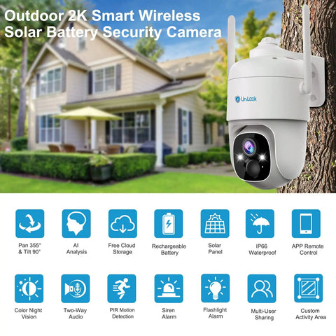 2K Solar Wireless Outdoor Security Camera with 360 Degree PTZ mounted on tree, showing features like AI alerts, WiFi, and solar power.