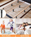 Rock Solid Adjustable Bed Support Legs And Heavy Duty Furniture Frame Risers support a bed frame with children jumping on mattress.