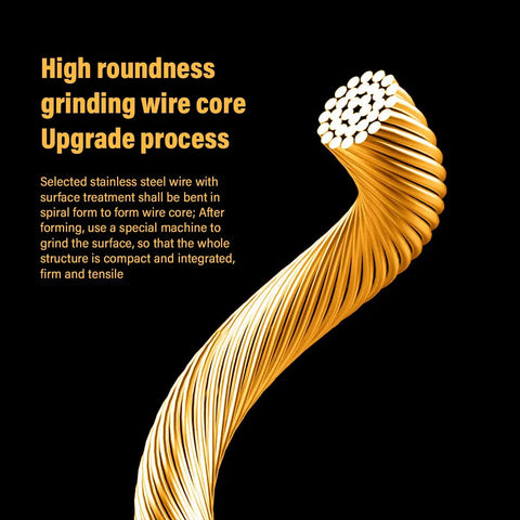 Close-up of gold polished bike shifter cable for Shimano and SRAM 1.1x2100mm, showing wire core design and structure.