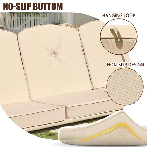 Three Piece Outdoor Porch Swing Cushions Set for 3 Seater Replacement Cushions for Patio Swing with 25D Foam Khaki 61.5x39x3in showing no-slip features