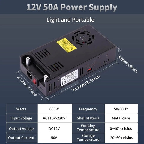 Beefy 600W 50A AC To DC Converter 12V Adjustable Power Supply Universal Adapter details and dimensions.