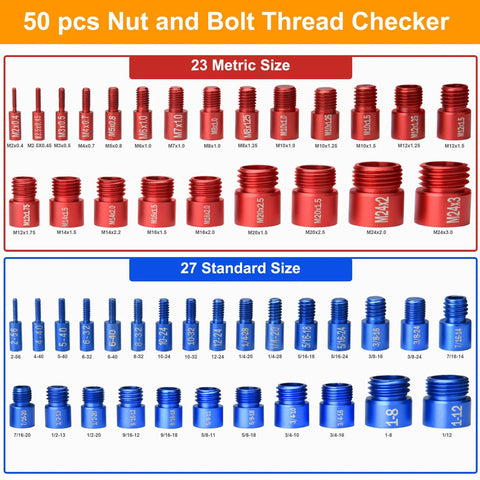 Nut and bolt thread checker set, 50 pcs total (23 metric red, 27 standard blue) with detachable bolt size finder for tight spaces