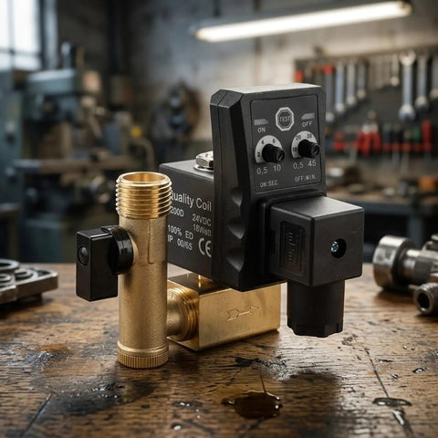 Auto Drain Valve For Air Compressor Condensate Management Electronic Timer Control Adjustable Discharge System Reduce Moisture Boost Uptime Automated Solution with brass port and electronic timer control.