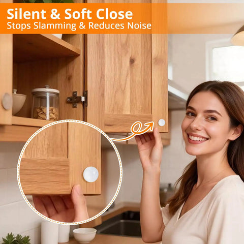 Clear Corner Cabinet Door Bumpers And Drawer Stopper Pads Silica Gel Shields Halt Knock Backs While Quieting Thuds For Zero Fuss Organization And Hassle Free Storage Without The Daily Annoyance Click, shown on wooden cabinets.