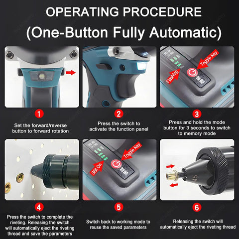 Operating procedure of Top Tier Cordless Rivet Gun With Dual 26V Lithium Batteries, showing function panel and execution steps.