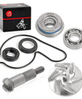 Heavy Duty Water Pump Repair Kit Featuring Savage Aluminum Impeller Shaft Bearing And Seal Assembly For Honda Trx450r Trx450er Oem Rig Upgrade Swap 2004 To 2014 parts displayed, including bearing, seals, and aluminum impeller.