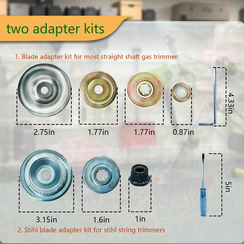 Two adapter kits for Beefed Up Brush Cutter Blades Set for Trimmers with various size blades and screwdriver.