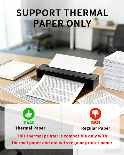 Portable Thermal Printer D80 Wireless For Travel And On The Go Inkless Printer that really works with iOS Android and laptop shown on desk
