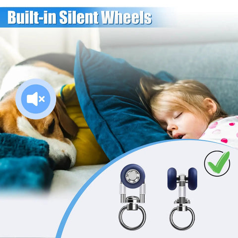 Heavy Duty Silent Glide Curtain Track Rollers With Pulley Wheel Runners Set Smooth Ceiling Wall Mount Quiet Replacement Hardware with blue pulleys.