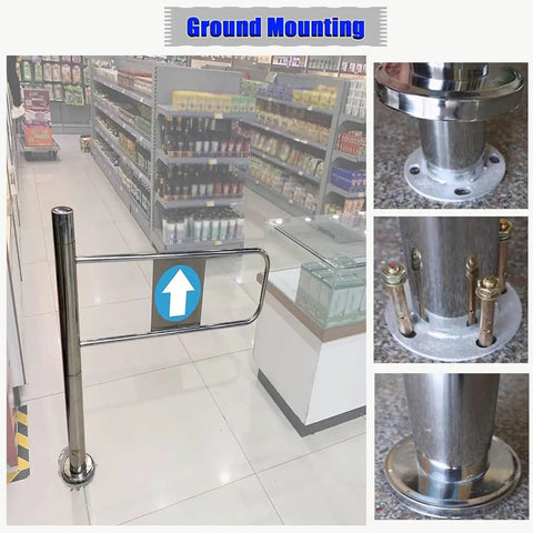 Heavy Duty Rock Solid Spring Loaded Swing Gate With No Hassle Auto Close Mechanism, Left Post Mount Metal Security Barrier For Shopping Centers And Libraries, ground mounted view showing installation details.