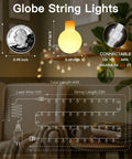 Warm White 33Ft 100 LED Connectable Globe String Lights With Remote diagram showing measurements, 43ft total length, connectable features.
