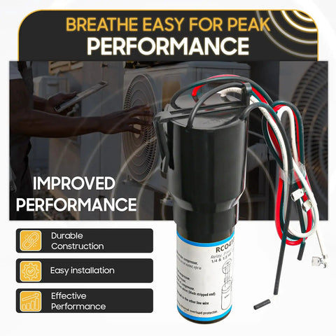 Heavy Duty RCO410 Hard Start Capacitor Kit For Refrigerators And Freezers 1 4 To 1 3 Horsepower 115 Volt AC shown with wires for installation.