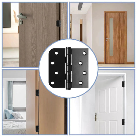 Rock Solid 6 Pack Matte Black Door Hinges 4X4 Inch Ball Bearing Stainless Steel Heavy Duty shown on various doors.