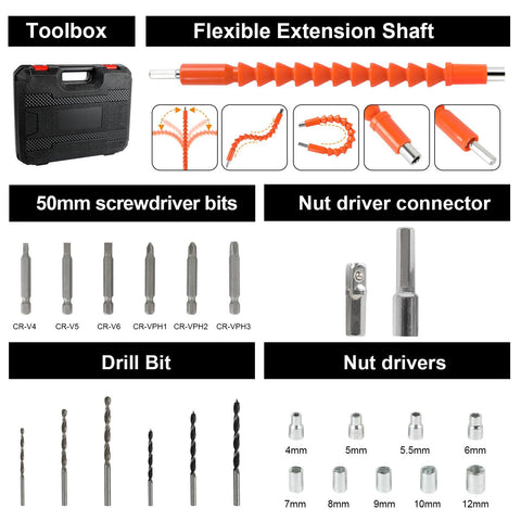 Heavy Duty Cordless Drill Plus Electric Screwdriver Power Tool Set With Rechargeable Battery And Two Speed Settings Plus Twenty Five Torque Adjustments For Slick Crafting Projects That Knock Out Tasks With Zero Sweat toolbox with flexible extension shaft and various screwdriver bits.