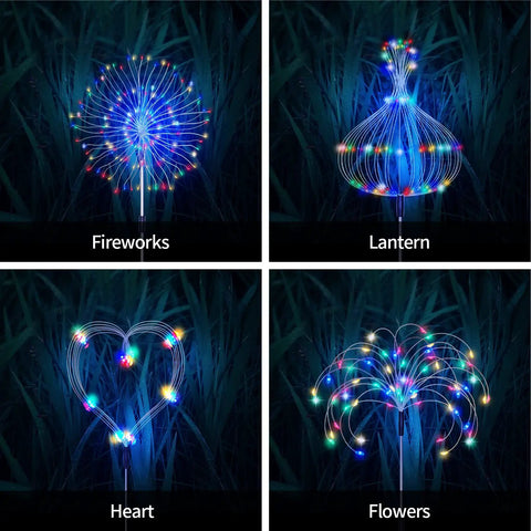 Lit Solar Firework Garden Lights 5 Pack 120 LED Decorative Stakes with Remote in four shapes: fireworks, lantern, heart, flowers at night.