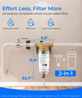 Heavy Duty Spin Down Sediment Filter Kicks Out Nasty Grit And Rust For Your Whole House Setup Easy Backwash Design visible dimensions and function.