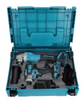 Pro Grade Brushless Angle Grinder And Cordless Impact Wrench Set in case, showing power tools and accessories for easy storage.